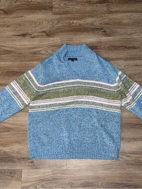 Carolyn Taylor Light Blue Knit Sweater with Olive, Pink & Gray Stripes